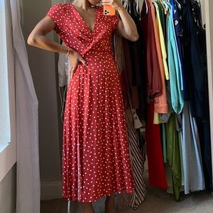 Polka dot red midi wrap dress